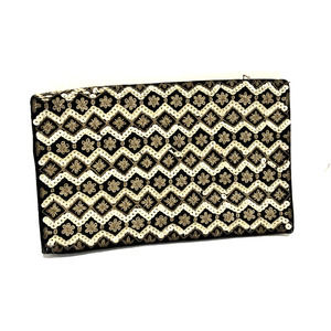 VINTAGE India Clutch Purse Black Velvet Retro Gold & Silver sequins embroidery